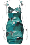 Blue Sexy Print Patchwork Spaghetti Strap Pencil Skirt Dresses