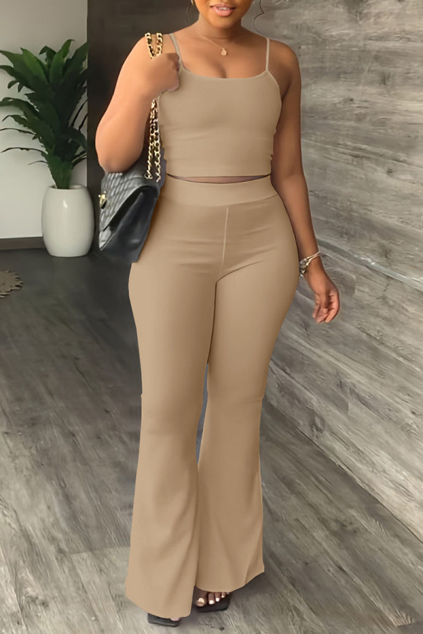 Khaki Casual Solid Patchwork Spaghetti Strap Two Pieces