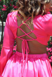 Rose Red Sexy Elegant Solid Bandage Patchwork Backless Asymmetrical V Neck A Line Dresses