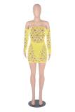 Yellow Sexy Solid Lace Off the Shoulder Pencil Skirt Dresses