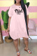 Pink Fashion Casual Letter Print Basic O Neck Short Sleeve Dress