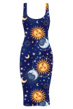 Blue Fashion Casual Butterfly Print Basic U Neck Vest Dress