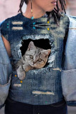 Blue Fashion Casual Print Basic O Neck T-Shirts