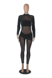 Purple Sexy Solid Patchwork Mesh Half A Turtleneck Skinny Jumpsuits