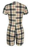 Khaki Fashion Casual Plaid Print Basic Zipper Collar Skinny Romper