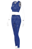Blue Sexy Solid Hollowed Out O Neck Sleeveless Two Pieces