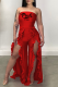 Red Fashion Print Flounce Strapless Boot Cut Jumpsuits