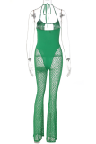 Green Sexy Solid Hollowed Out Halter Boot Cut Jumpsuits