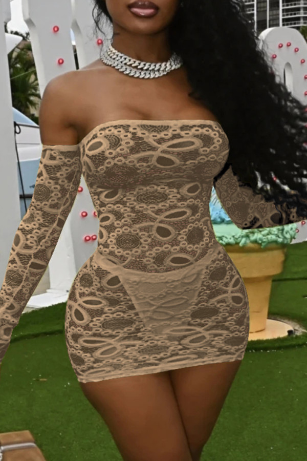 Khaki Sexy Solid Lace Off the Shoulder Pencil Skirt Dresses