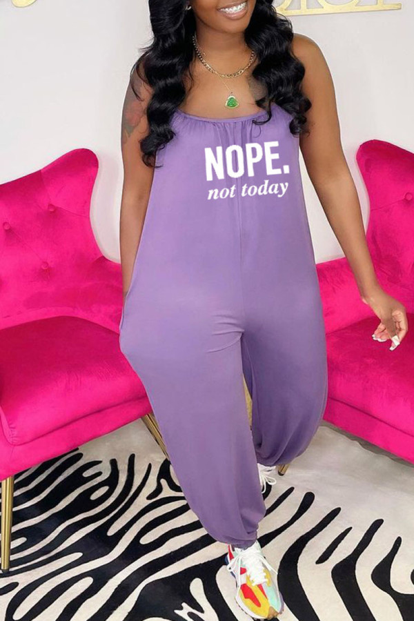 Purple Casual Print Patchwork Spaghetti Strap Loose Jumpsuits