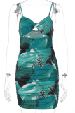 Blue Sexy Print Patchwork Spaghetti Strap Pencil Skirt Dresses