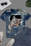 Blue Fashion Casual Print Basic O Neck T-Shirts
