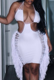 Pink Sexy Solid Tassel Hollowed Out Patchwork Backless Halter Pencil Skirt Dresses