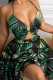 Green Fashion Sexy Print Hollowed Out Backless Halter Sling Dress