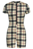 Khaki Fashion Casual Plaid Print Basic Zipper Collar Skinny Romper