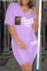 Purple Fashion Casual Letter Print Pocket V Neck Short Sleeve Two Pieces