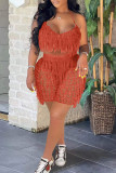 Orange Sexy Solid Tassel Bandage Hollowed Out Backless Spaghetti Strap Sleeveless Two Pieces
