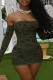 Army Green Sexy Solid Lace Off the Shoulder Pencil Skirt Dresses