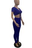Blue Sexy Solid Bandage Patchwork V Neck Short Sleeve Two Pieces