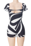 Pink Sexy Print Hollowed Out Square Collar Skinny Rompers