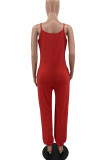 Red Casual Print Patchwork Spaghetti Strap Loose Jumpsuits