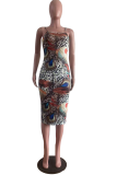 Multicolor Sexy Print Patchwork Spaghetti Strap Pencil Skirt Dresses