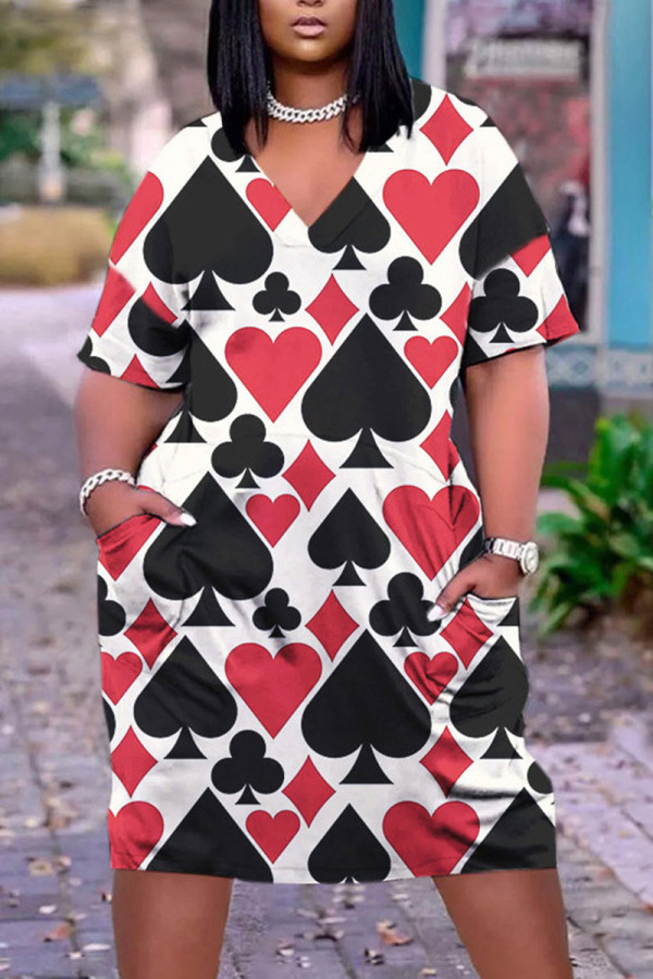 Black Red Fashion Casual Print Basic V Neck Short Sleeve Dress
