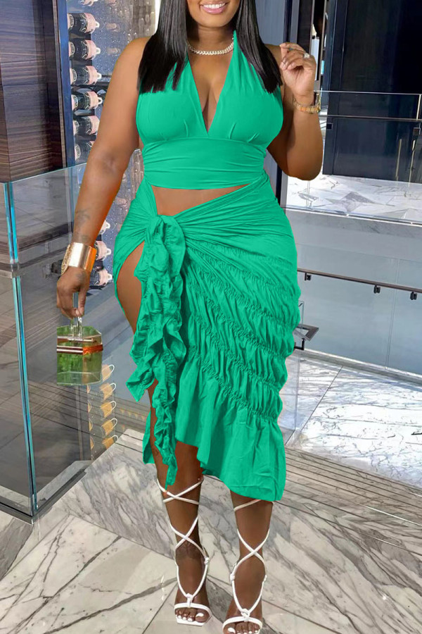 Green Sexy Solid Bandage Patchwork Backless Fold Halter Sleeveless Two Pieces