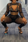 Black Sexy Solid Patchwork O Neck Long Sleeve Two Pieces