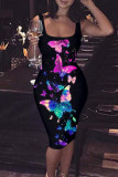 Blue Fashion Casual Butterfly Print Basic U Neck Vest Dress