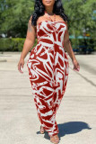 Red Fashion Sexy Casual Print Backless Strapless Regular Jumpsuits