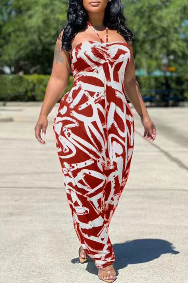 Red Fashion Sexy Casual Print Backless Strapless Regular Jumpsuits