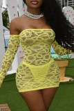 Yellow Sexy Solid Lace Off the Shoulder Pencil Skirt Dresses