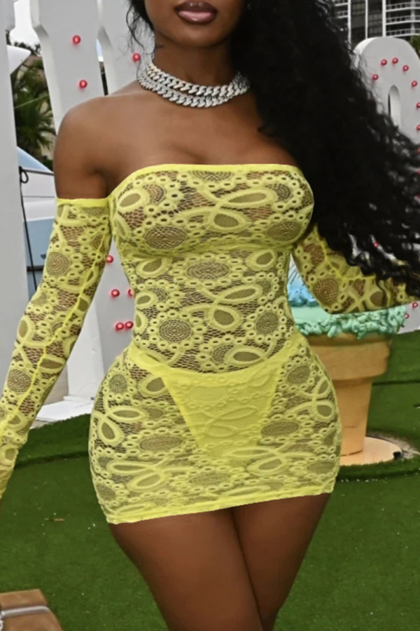 Yellow Sexy Solid Lace Off the Shoulder Pencil Skirt Dresses