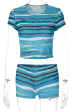 Blue Fashion Print Patchwork O Neck Sleeveless Two Pieces