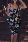 Blue Fashion Casual Butterfly Print Basic U Neck Vest Dress