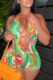 Green Sexy Print Hollowed Out Halter Skinny Rompers