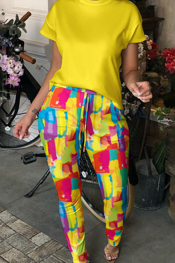 Yellow Casual Print Patchwork O Neck Short Sleeve Two Pieces