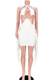 Pink Sexy Solid Tassel Hollowed Out Patchwork Backless Halter Pencil Skirt Dresses