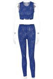 Blue Sexy Solid Hollowed Out O Neck Sleeveless Two Pieces
