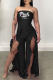 Black Fashion Print Flounce Strapless Boot Cut Jumpsuits