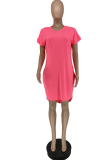 Rose Red Casual Solid Patchwork O Neck Straight Dresses