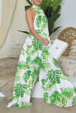 Red Elegant Print Patchwork Backless Halter Straight Jumpsuits