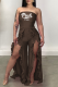 Coffee Fashion Print Flounce Strapless Boot Cut Jumpsuits