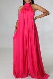 Rose Red Elegant Solid Patchwork Backless Halter Straight Jumpsuits