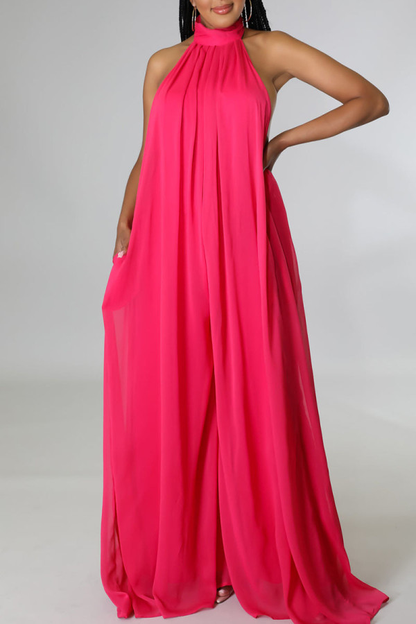 Rose Red Elegant Solid Patchwork Backless Halter Straight Jumpsuits