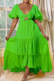 Red Sexy Solid Hollowed Out Patchwork Backless V Neck A Line Dresses