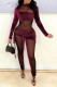 Burgundy Sexy Solid Patchwork Mesh Half A Turtleneck Skinny Jumpsuits