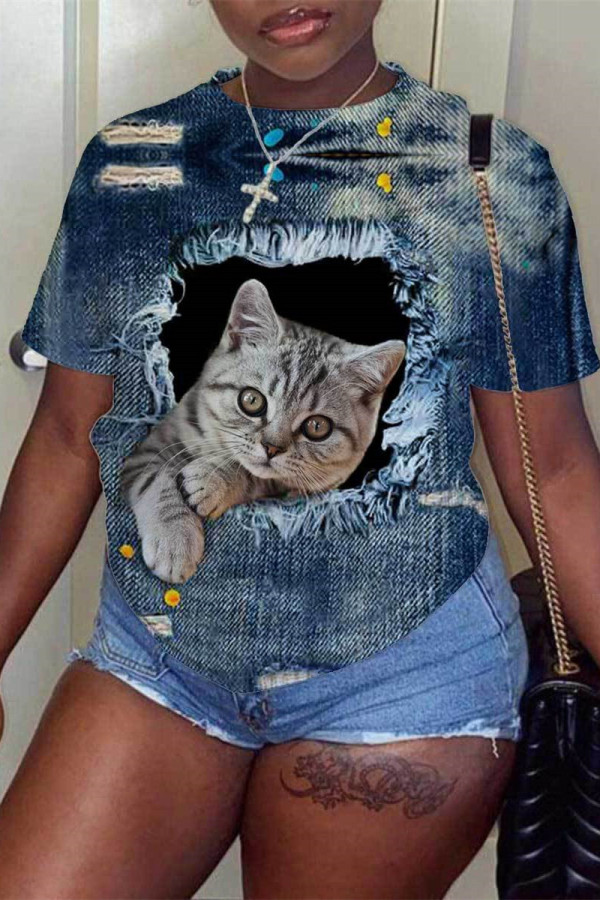 Blue Fashion Casual Print Basic O Neck T-Shirts