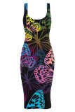 Blue Fashion Casual Butterfly Print Basic U Neck Vest Dress
